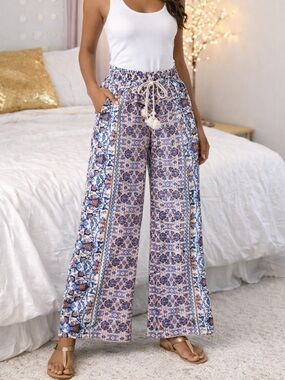 Boho Drawstring Wide-Leg Pants in Blue & Rust Floral